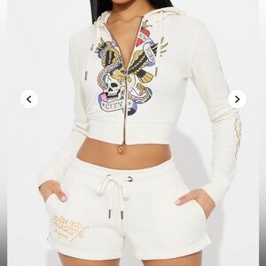 Ed Hardy Cream Graphic Hoodie and Shorts Set